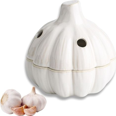 Pot à Ail en Céramique Blanc, Boîte de Conservation en Forme d’Ail avec Aération, Rangement pour Ail et Épices, Facile à Nettoyer, Décoration Cuisine (1/5)