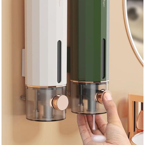 Dispensador de jabón de pared，paquete de 2 unidades，Capacidad de 450 ml，sin necesidad de taladrar，champú y jabón de manos (blanco) (1/5)