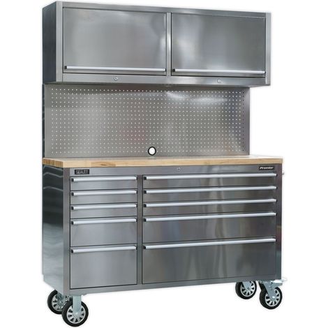 Sealey Mobile Stainless Steel Tool Cabinet 10 Drawer with Backboard & 2 Wall Cupboards AP5520SS