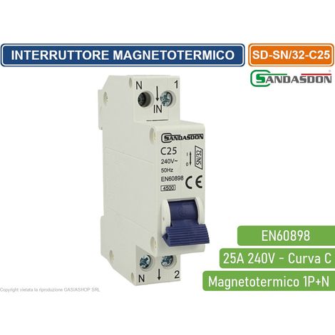SANDASDON INTERRUTTORE MEGNETOTERMICO PER BARRA DIN 1 MODULO 1P+N 240V CURVA C 4.5KA 25A (1/2)