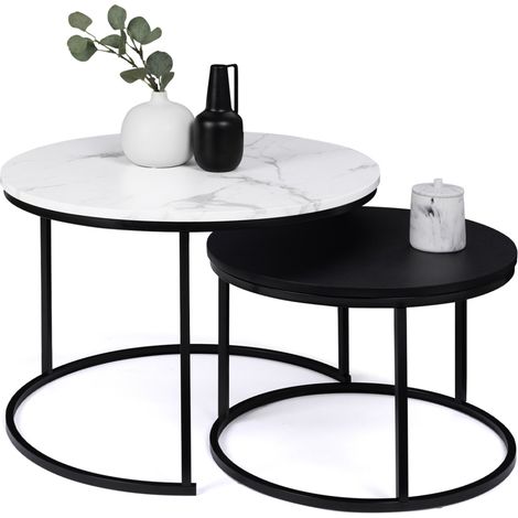 Idmarket – Lot de 2 tables basses gigognes rondes 54/70 – Effet marbre noir – Structure métal robuste – Design bohème chic