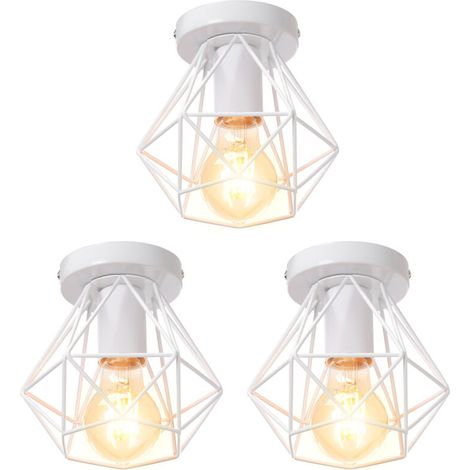(3X) Plafonnier Rétro Lampe De Plafond D'Intérieur Vintage Blanc Luminaire Plafonnier Cage En Fer Métallique, Pour Cuisine, Bureau (1/5)