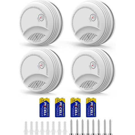 Lot de 4 Detecteur de Fumée – Alarme Incendie avec Pile 9V Remplaçable, Avertissement Batterie Faible, 85 DB, sans Fausses Alertes, Bouton Test et Silence, 10 Ans (4 pièces) (1/5)