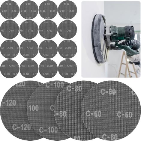 Lot de 20 grilles abrasives 225 mm grain 60, 80, 100, 120, sans poussière, pour ponceuse à sec, en carbure de silicium, papier abrasif auto-agrippant pour mur et plafond (1/5)