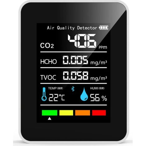 Détecteur de dioxyde de carbone, détecteur de qualité de l'air 5 en 1, détecteur de dioxyde de carbone portable alimenté par batterie, moniteur de formaldéhyde/composés organiques volatils totaux/temp (1/5)