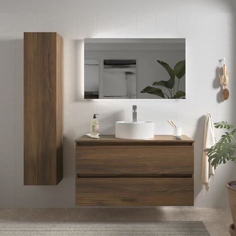 Cygnus Bath – Meuble de salle de bain 100cm noyer – Avec plan de toilette sans perçage – Tiroirs à fermeture amortie – MDF résistant à l'humidité