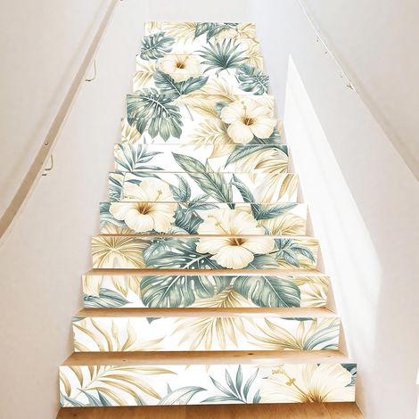 15 bande D'Autocollants pour Contremarches D'Escalier à Motifs de Fleurs Tropicales Stickers Adhésifs pour Escaliers Motif Feuilles Vertes de 18x100cm pour la Décoration de Marches (1/5)