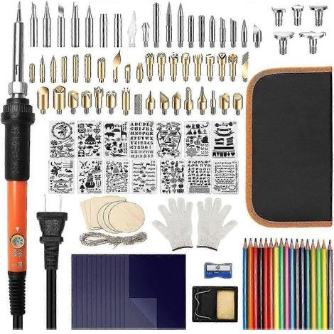 Kit de pyrogravure. ensemble de 116 stylos à pyrogravure avec température réglable de 200 à 450 °C. kit d'outils pour la pyrogravure : pointes et pochoirs pour le gaufrage. la gravure et le soudage. (1/4)
