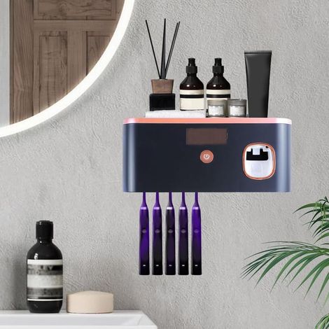(Noir) Brosse à Dents Désinfectante, Support de Brosse à Dents avec Distributeur Dentifrice Automatique, Stérilisateur Intelligent pour Brosse à Dents, Organiseur pour Brosse à Dents (1/5)