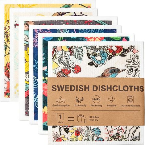 Torchon Vaisselle - Lot de 6 Chiffons éponge suédois, essuie-Tout réutilisable et compostable, Chiffon Nettoyage séchage Rapide pour Cuisine et Vaisselle(Motifs Fleurs et Oiseaux) (1/5)