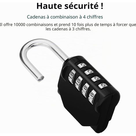 Cadenas code 4 chiffres, noir, pour casier/vestiaire/école/portail/abri. (1/4)