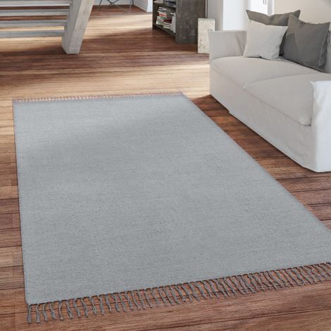 Paco Home Teppich Wohnzimmer Naturfaser Flachgewebe Mit Fransen Handgewebt Einfarbiges Muster Grau, 120x160 cm