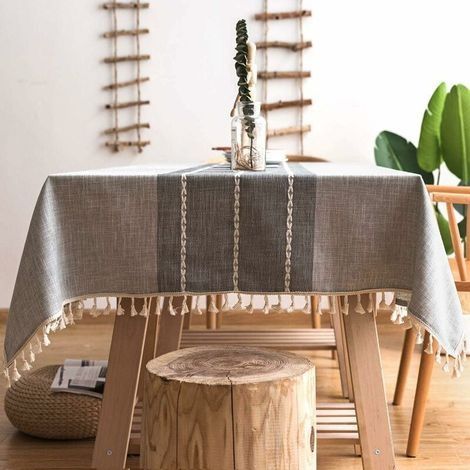 Rechteckige Tischdecke aus Baumwoll-Leinen-Mischgewebe, wasserdicht, fleckenabweisend, mit Spitze, Stickerei und Fransen, für Wohnzimmer und Garten, 140 x 200 cm (1/3)