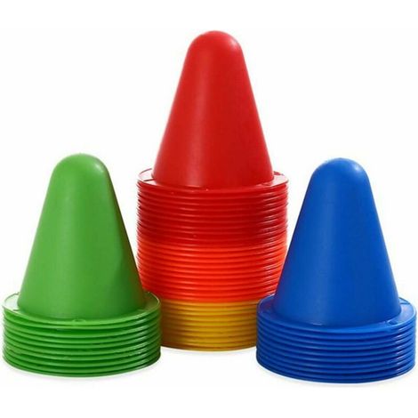 50 Stück Straßentrainingskegel, Kunststoff-Sporttrainings-Verkehrskegel, Slalom-Sporttrainings-Verkehrskegel, Fußballtraining, Roller (5 couleurs) (1/5)