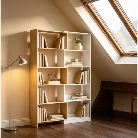 Libreria modulare a 5 livelli, forma a L, 111,5 x 23,8 x 163,7 cm, rovere e bianco HAVRYA (1/5)