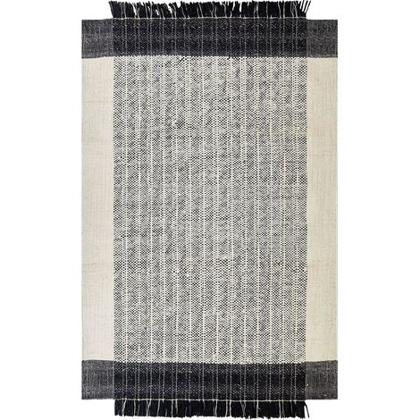 Tappeto moderno in lana con frange decorative 140 x 200 cm in bianco e nero Ketenli