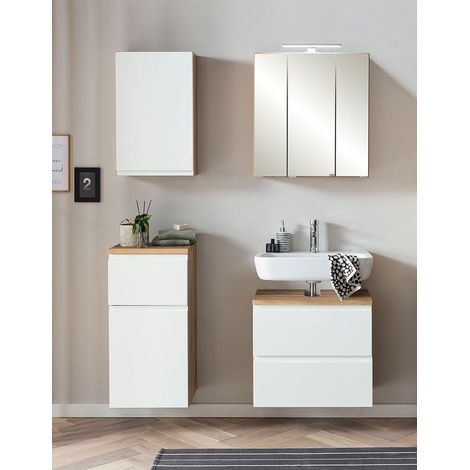Badezimmer Set, stehend/hängend, in Wotan Eiche Nb. mit weiß matt, VASTO-03-WHITE, B/H/T ca. 115/200/35 cm (1/5)