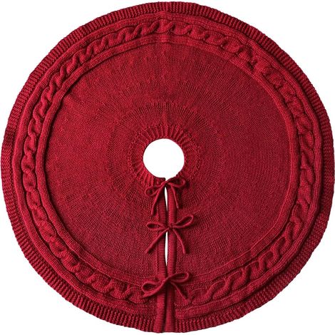 Tapis de sapin de Noël rond de 91 cm, tressé à torsades, bordeaux, style rustique, pour la décoration de la maison et des fêtes. (1/5)