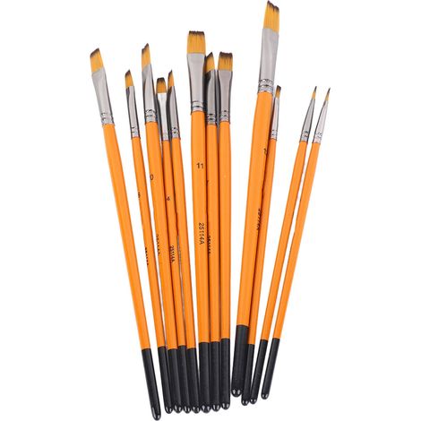 12 Pinceaux Acrylique Nylon Lisse Manche Bois Virole Métal Brosse Artiste pour Loisirs Créatifs Orange Poil Plat (1/5)