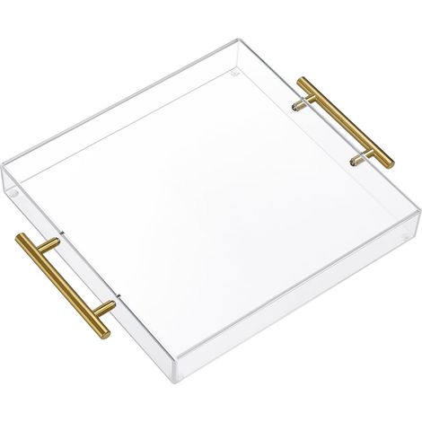 Plateau en Acrylique avec poignée en Or, Plateau de Cuisine, Plateau de Service, Plateau de Petit-déjeuner, Table Basse, Plateau décoratif (30 cm x 30 cm x 5 cm) (1/5)