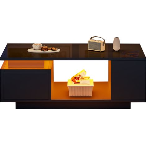 ELVMI Mesa de Centro con 1 Cajón, 5 Nichos Abiertos y LED por Aplicación, para Salón, Negra, 100 x 50 x 36 cm (1/5)