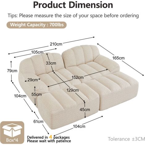 Canapé modulaire 2 places – Angle en L sans cadre, forme coque, 2 poufs, coussins profonds, beige et blanc – Modularité maximale pour petites surfaces (1/5)