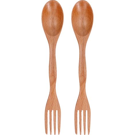 Lot de 2 cuillères-fourchettes en hêtre, couverts en bois réutilisables pour dessert. (1/5)