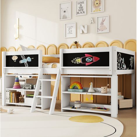 Lit 90x200 semi-haut avec étagères, pin, blanc HAVRYA (1/5)