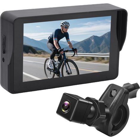 Rétroviseur de vélo sur guidon, caméra de recul 1080p avec moniteur 5", vision nocturne, grand angle de 110°, rotation à 360° pour vélos de montagne, vélos de route, petit carré (1/5)
