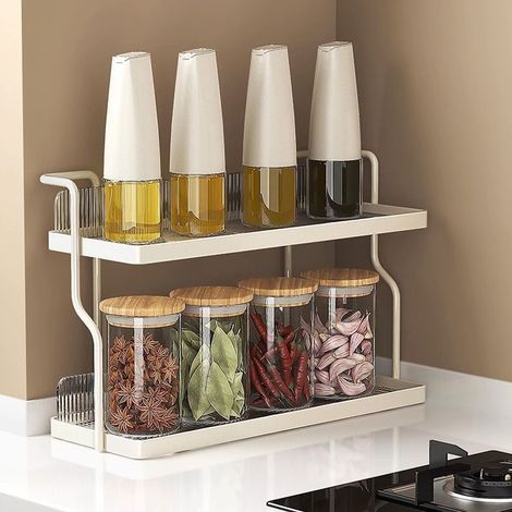 Freistehender, zweistöckiger Multifunktions-Organizer für Küche, Schlafzimmer, Badezimmer, unter der Spüle, Weiß-Creme-Carbon, 30,5 x 20,3 x 12,2 cm mit 2 Klebestreifen (1/5)