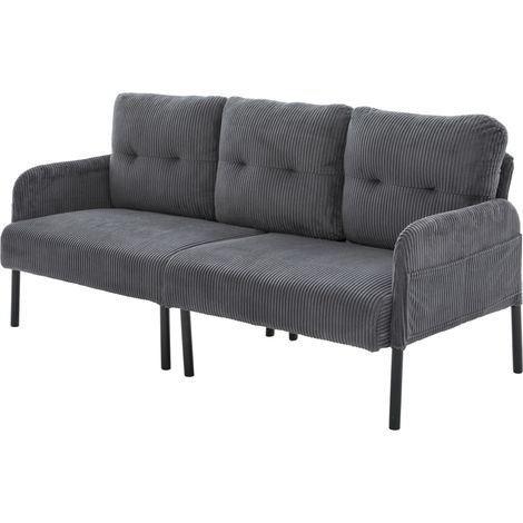 Canapé 3 places en velours côtelé avec dossier haut, accoudoirs ergonomiques et poche latérale, structure métal stable, tissu doux beige (1/5)