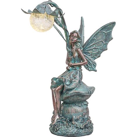 Statue de jardin elfe assis, globe lumineux solaire en verre, 35 cm (1/4)