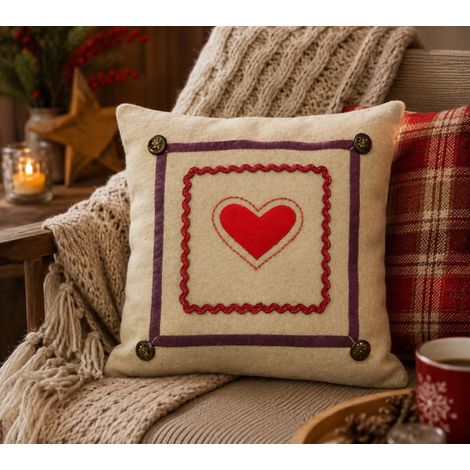 Coussin décoratif en laine avec cœur brodé – Style montagne 40 x 40 cm - 40x40cm - Beige