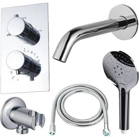 FugaFlow Eccelente Ensemble robinet de baignoire Acces - bec - 22cm raccourcissable - flexible métallique - douchette ronde - corps encastré - support