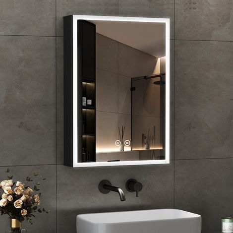 Spiegelschrank mit Beleuchtung 40x60cm LED Spiegelschrank Bad mit Beleuchtung Badspiegel mit Beleuchtung Badschrank Hängeschränke mit 3 Einstellbare Lichtfarben Beschlagfrei, Schwarz