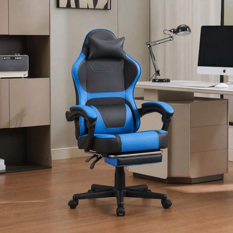 Fauteuil gaming ergonomique avec poche de rangement au dossier, repose-pieds réglable, vérin pneumatique 3 niveaux, PVC noir et bleu
