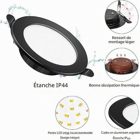 Spot LED Encastrable Extra Plat, Spot Etanche Salle de Bain, 7W 700 Lumen Spots Encastrés Blanc Froid 6000K, Trou 75-95mm, AC 220-240V (1/4)