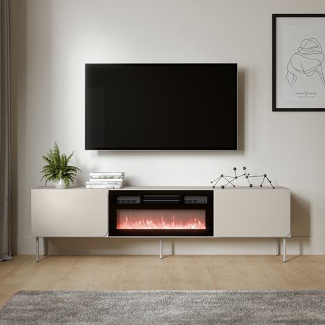 Mueble para TV Vermezzo, un Estante, 2 Puertas, Chimenea Incluida, 200x42x57h cm Beige (1/4)