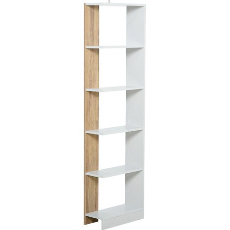 Mobiletto Scaffale Stretto a 5 Ripiani, Scaffale Portaoggetti Salvaspazio Moderno in Legno, Libreria per Bagno, Soggiorno, Camera da Letto, Studio e Ufficio, 45x21x170 cm, Rovere e Bianco