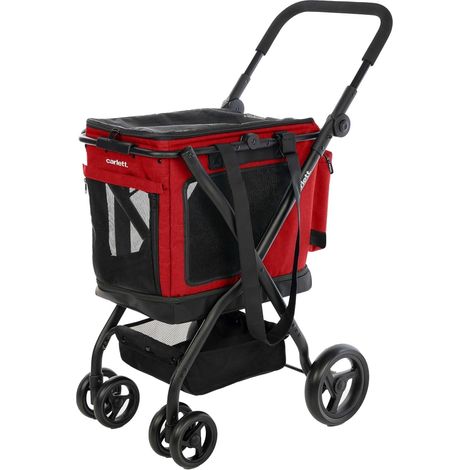Chariot pour Animaux 3 en 1, Roues Pivotantes 360°, Résistant à l’Eau, Transporteur Compatible Siège Auto, Housse de Pluie et Sangle de Sécurité, Cube P, Rouge (1/5)