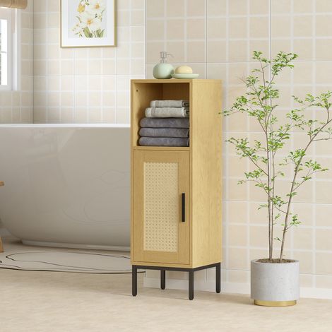 Meuble de salle de bain étroit, colonne de rangement autoportante avec étagère réglable, finition bois naturel (1/5)