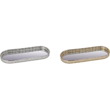 Vassoio Decorativo Casa in Metallo e Vetro Ovale Oro o Argento 33 x 12 cm 2 Colori (1/2)