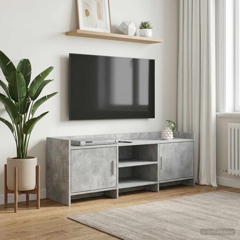 Meuble TV bas 2 portes avec étagères gris béton 130 x 33 x 47 cm en bois d'ingénierie - PANGIVO (1/5)