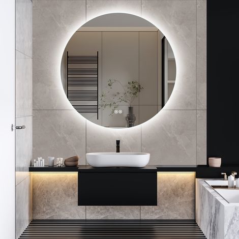 Specchio bagno con luce 80x80 cm rotondo con antiappannamento e 3 livelli di luminosità - Stile moderno senza cornice - Argento (1/5)
