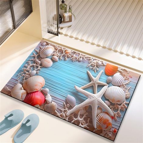 Tapis de Bain Antidérapant Absorbant Style Océan 3D Bleu Tapis Salle de Bain Diatomite, Tapis Douche Séchage Rapide, Microfibre Tapis Vaisselle, Tapis d'Entré (Étoile de mer H,60x90cm) (1/5)