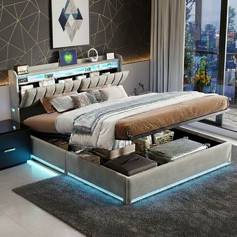 Lit coffre 140x190 cm, avec éclairage LED et port USB, lit double capitonné avec rangement et tete de lit, pour adultes et adolescents,velours, gris (1/5)