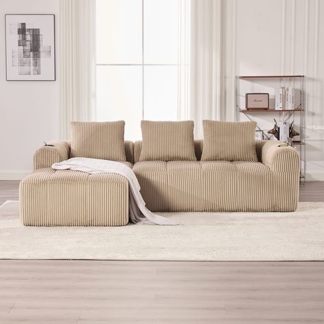 Canapé compact modulable 3 coussins velours côtelé , poche latérale, porte-gobelet, confort durable, coloris kaki, salon bureau (1/5)