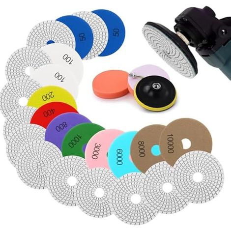 Kit de polissage de disque abrasif : 100 mm - 150 mm - Disques de polissage à sec pour marbre avec plateau de support en caoutchouc - Papier abrasif pour béton, granit, pierre, marbre (16 pièces à 100