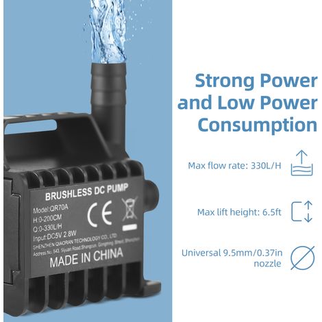 Pompe à eau électrique submersible 330 L/H, petite pompe de fontaine avec hauteur de refoulement maximale de 2 m, câble USB de 2 m et base à ventouse, mini pompe portable pour aquarium, bassin et abre (1/5)