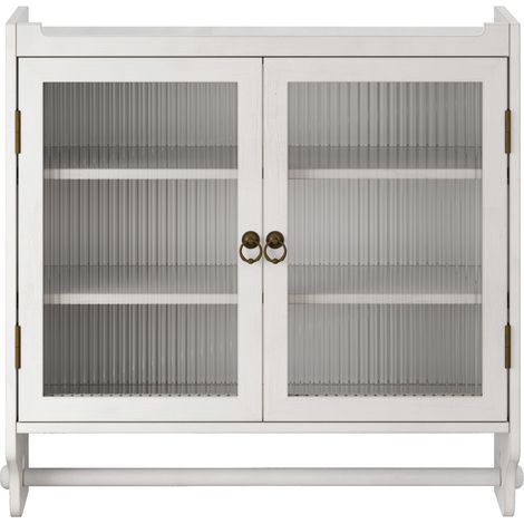 Armoire murale vintage blanche patinée 60 cm avec porte en verre et 3 niveaux de rangement, porte-serviettes intégré (1/5)